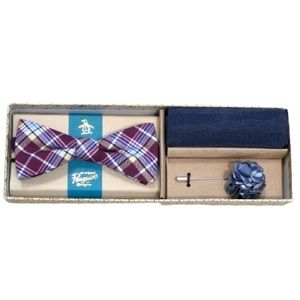 Original Penguin New Plaid Bow Tie Lapel Pin Pocket Square Men's 3 Piece Set NWT